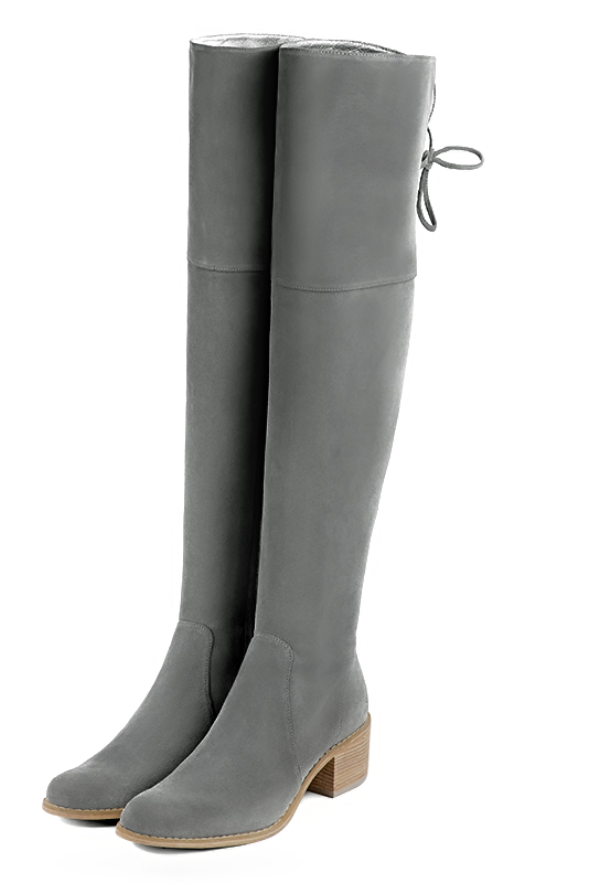 Dove grey women's leather thigh-high boots. Round toe. Low leather soles. Made to measure. Front view - Florence KOOIJMAN